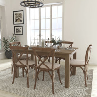 Flash Furniture XA-FARM-9-GG HERCULES Series 7' x 40'' Antique Rustic Folding Farm Table Set with 6 Cross Back Chairs and Cushions 
