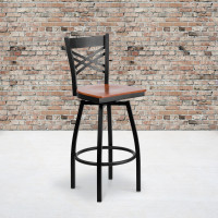 Flash Furniture HERCULES Series Black ''X'' Back Swivel Metal Bar Stool - Cherry Wood Seat XU-6F8B-XSWVL-CHYW-GG