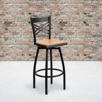 Flash Furniture HERCULES Series Black ''X'' Back Swivel Metal Bar Stool - Natural Wood Seat XU-6F8B-XSWVL-NATW-GG