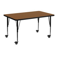 Flash Furniture XU-A3048-REC-OAK-H-P-CAS-GG Mobile Rectangular Activity Table with Height Adjustable Pre-School Legs