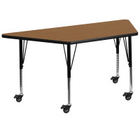 Flash Furniture XU-A3060-TRAP-OAK-T-P-CAS-GG Mobile Trapezoid Activity Table with Height Adjustable Pre-School Legs