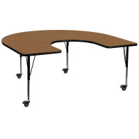 Flash Furniture XU-A6066-HRSE-OAK-T-P-CAS-GG Mobile Horseshoe Activity Table with Height Adjustable Pre-School Legs