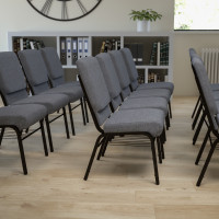 Flash Furniture Hercules Series 18.5'' Wide Gray Church Chair with 4.25'' Thick Seat Book Rack - Gold Vein Frame XU-CH-60096-BEIJING-GY-BAS-GG
