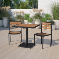 Flash Furniture XU-DG-10456033-GG Outdoor Patio Bistro Dining Table Set with 2 Chairs and Faux Teak Poly Slats