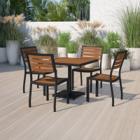 Flash Furniture XU-DG-10456036-GG Outdoor Patio Bistro Dining Table Set with 4 Chairs and Faux Teak Poly Slats