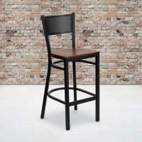 Flash Furniture Hercules Series Black Grid Back Metal Restaurant Bar Stool with Cherry Wood Seat XU-DG-60116-GRD-BAR-CHYW-GG
