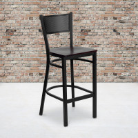 Flash Furniture Hercules Series Black Grid Back Metal Restaurant Bar Stool with Mahogany Wood Seat XU-DG-60116-GRD-BAR-MAHW-GG
