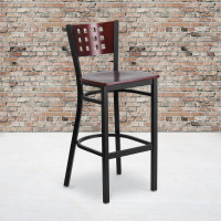 Flash Furniture XU-DG-60118-MAH-BAR-MTL-GG HERCULES Series Black Decorative Cutout Back Metal Restaurant Barstool - Mahogany Wood Back and Seat