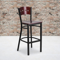 Flash Furniture XU-DG-60515-MAH-BAR-MTL-GG HERCULES Series Black Decorative 4 Square Back Metal Restaurant Barstool - Mahogany Wood Back & Seat