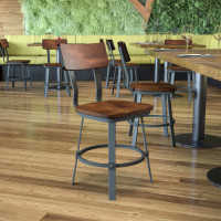 Flash Furniture XU-DG-60582-GG Flint Series Rustic Walnut Restaurant Chair with Wood Seat & Back and Gray Powder Coat Frame 
