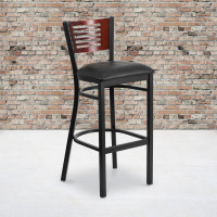 Flash Furniture XU-DG-6H1B-MAH-BAR-BLKV-GG HERCULES Series Black Decorative Slat Back Metal Restaurant Barstool Black Vinyl Seat