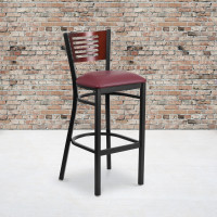 Flash Furniture XU-DG-6H1B-MAH-BAR-BURV-GG HERCULES Series Black Decorative Slat Back Metal Restaurant Barstool Burgundy Vinyl Seat