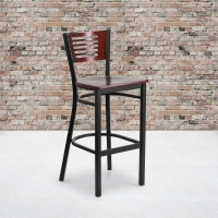 Flash Furniture XU-DG-6H1B-MAH-BAR-MTL-GG HERCULES Series Black Decorative Slat Back Metal Restaurant Barstool - Mahogany Wood Back and Seat