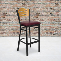 Flash Furniture Hercules Series Black Slat Back Metal Restaurant Bar Stool with Natural Wood Back and Burgundy Vinyl Seat XU-DG-6H3B-SLAT-BAR-BURV-GG
