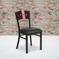 Flash Furniture XU-DG-6Y1B-MAH-BLKV-GG HERCULES Series Black Decorative 4 Square Back Metal Restaurant Chair - Mahogany Wood BackBlack Vinyl Seat