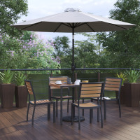 Flash Furniture XU-DG-810060364-UB19BGY-GG Lark 7 Piece All-Weather Deck or Patio Set with 4 Stacking Faux Teak Chairs, 35