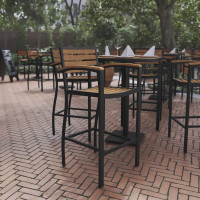 Flash Furniture XU-DG-HW6036B-ARM-GG Lark Commercial Grade Bar Height Stool with Arms, All-Weather Outdoor Bar Stool with Faux Wood Poly Resin Slats and Aluminum Frame, Teak