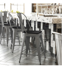 Flash Furniture XU-DG-TP001B-24-PL1B-GG Lincoln 24'' High Clear Coated Indoor Counter Height Stool with Back and Black Poly Resin Wood Seat