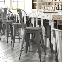 Flash Furniture XU-DG-TP001B-24-PL1G-GG Lincoln 24'' High Clear Coated Indoor Counter Height Stool with Back and Gray Poly Resin Wood Seat