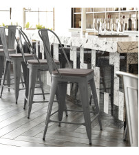 Flash Furniture XU-DG-TP001B-24-PL1G-GG Lincoln 24'' High Clear Coated Indoor Counter Height Stool with Back and Gray Poly Resin Wood Seat
