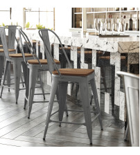 Flash Furniture XU-DG-TP001B-24-PL1T-GG Lincoln 24'' High Clear Coated Indoor Counter Height Stool with Back and Teak Poly Resin Wood Seat