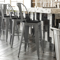 Flash Furniture XU-DG-TP001B-30-PL1B-GG Lincoln 30'' High Clear Coated Indoor Barstool with Back and Black Poly Resin Wood Seat