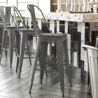 Flash Furniture XU-DG-TP001B-30-PL1G-GG Lincoln 30'' High Clear Coated Indoor Barstool with Back and Gray Poly Resin Wood Seat