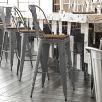 Flash Furniture XU-DG-TP001B-30-PL1T-GG Lincoln 30'' High Clear Coated Indoor Barstool with Back and Teak Poly Resin Wood Seat