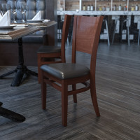 Flash Furniture XU-DG-W0094B-WAL-BLKV-GG Lacey Series Solid Back Walnut Wooden Restaurant Chair - Black Vinyl Seat