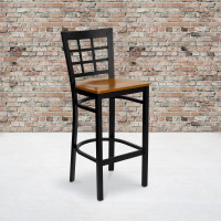 Flash Furniture Hercules Series Black Window Back Metal Restaurant Bar Stool with Cherry Wood Seat XU-DG6R7BWIN-BAR-CHYW-GG