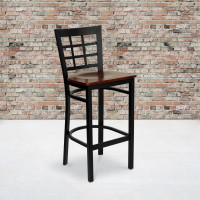 Flash Furniture Hercules Series Black Window Back Metal Restaurant Bar Stool with Mahogany Wood Seat XU-DG6R7BWIN-BAR-MAHW-GG