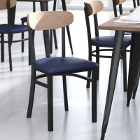 Flash Furniture XU-DG6V5BLV-NAT-GG Wright Commercial Dining Chair with 500 LB. Capacity Black Steel Frame, Natural Birch Finish Wooden Boomerang Back, and Blue Vinyl Seat