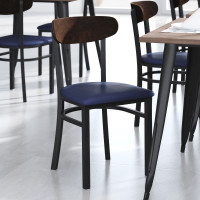 Flash Furniture XU-DG6V5BLV-WAL-GG Wright Commercial Dining Chair with 500 LB. Capacity Black Steel Frame, Walnut Finish Wooden Boomerang Back, and Blue Vinyl Seat