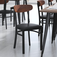 Flash Furniture XU-DG6V5BV-WAL-GG Wright Commercial Dining Chair with 500 LB. Capacity Black Steel Frame, Walnut Finish Wooden Boomerang Back, and Black Vinyl Seat