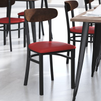 Flash Furniture XU-DG6V5RDV-WAL-GG Wright Commercial Dining Chair with 500 LB. Capacity Black Steel Frame, Walnut Finish Wooden Boomerang Back, and Red Vinyl Seat