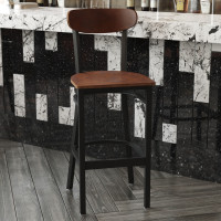 Flash Furniture XU-DG6V6B-WAL-GG Wright Commercial Grade Barstool with 500 LB. Capacity Black Steel Frame, Solid Wood Seat, and Boomerang Back, Walnut Finish