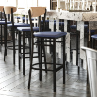 Flash Furniture XU-DG6V6BLV-NAT-GG Wright Commercial Barstool with 500 LB. Capacity Black Steel Frame, Natural Birch Finish Wooden Boomerang Back, and Blue Vinyl Seat