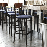 Flash Furniture XU-DG6V6BLV-WAL-GG Wright Commercial Barstool with 500 LB. Capacity Black Steel Frame, Walnut Finish Wooden Boomerang Back, and Blue Vinyl Seat