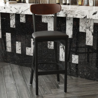 Flash Furniture XU-DG6V6BV-WAL-GG Wright Commercial Barstool with 500 LB. Capacity Black Steel Frame, Walnut Finish Wooden Boomerang Back, and Black Vinyl Seat