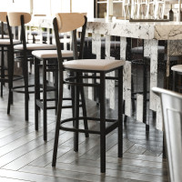 Flash Furniture XU-DG6V6GYV-NAT-GG Wright Commercial Barstool with 500 LB. Capacity Black Steel Frame, Natural Birch Finish Wooden Boomerang Back, and Gray Vinyl Seat