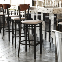 Flash Furniture XU-DG6V6GYV-WAL-GG Wright Commercial Barstool with 500 LB. Capacity Black Steel Frame, Walnut Finish Wooden Boomerang Back, and Gray Vinyl Seat