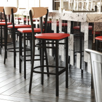 Flash Furniture XU-DG6V6RDV-NAT-GG Wright Commercial Barstool with 500 LB. Capacity Black Steel Frame, Natural Birch Finish Wooden Boomerang Back, and Red Vinyl Seat