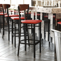 Flash Furniture XU-DG6V6RDV-WAL-GG Wright Commercial Barstool with 500 LB. Capacity Black Steel Frame, Walnut Finish Wooden Boomerang Back, and Red Vinyl Seat