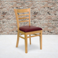 Flash Furniture Hercules Series Natural Wood Finished Ladder Back Wooden Restaurant Chair with Burgundy Vinyl Seat XU-DGW0005LAD-NAT-BURV-GG