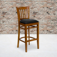 Flash Furniture Hercules Series Cherry Finished Vertical Slat Back Wooden Restaurant Bar Stool with Black Vinyl Seat XU-DGW0008BARVRT-CHY-BLKV-GG