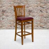 Flash Furniture Hercules Series Cherry Finished Vertical Slat Back Wooden Restaurant Bar Stool with Burgundy Vinyl Seat XU-DGW0008BARVRT-CHY-BURV-GG