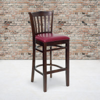 Flash Furniture Hercules Series Walnut Finished Vertical Slat Back Wooden Restaurant Bar Stool with Burgundy Vinyl Seat XU-DGW0008BARVRT-WAL-BURV-GG