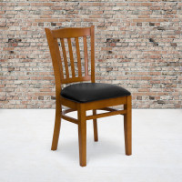 Flash Furniture Hercules Series Cherry Finished Vertical Slat Back Wooden Restaurant Chair with Black Vinyl Seat XU-DGW0008VRT-CHY-BLKV-GG