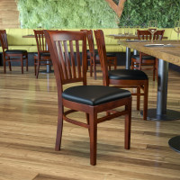 Flash Furniture Hercules Series Mahogany Finished Vertical Slat Back Wooden Restaurant Chair with Black Vinyl Seat XU-DGW0008VRT-MAH-BLKV-GG