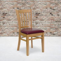 Flash Furniture Hercules Series Natural Wood Finished Vertical Slat Back Wooden Restaurant Chair with Burgundy Vinyl Seat XU-DGW0008VRT-NAT-BURV-GG